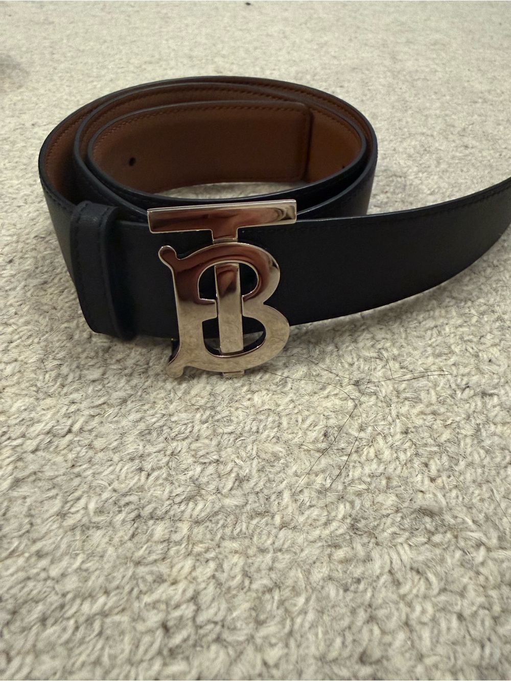 Authentic Burberry Reversible Leather Belt with Silver TB Buckle
